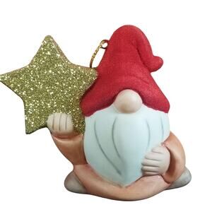 Gnome Christmas Ornament Ceramic Bisque Holding Gold Glitter Star With Hanger